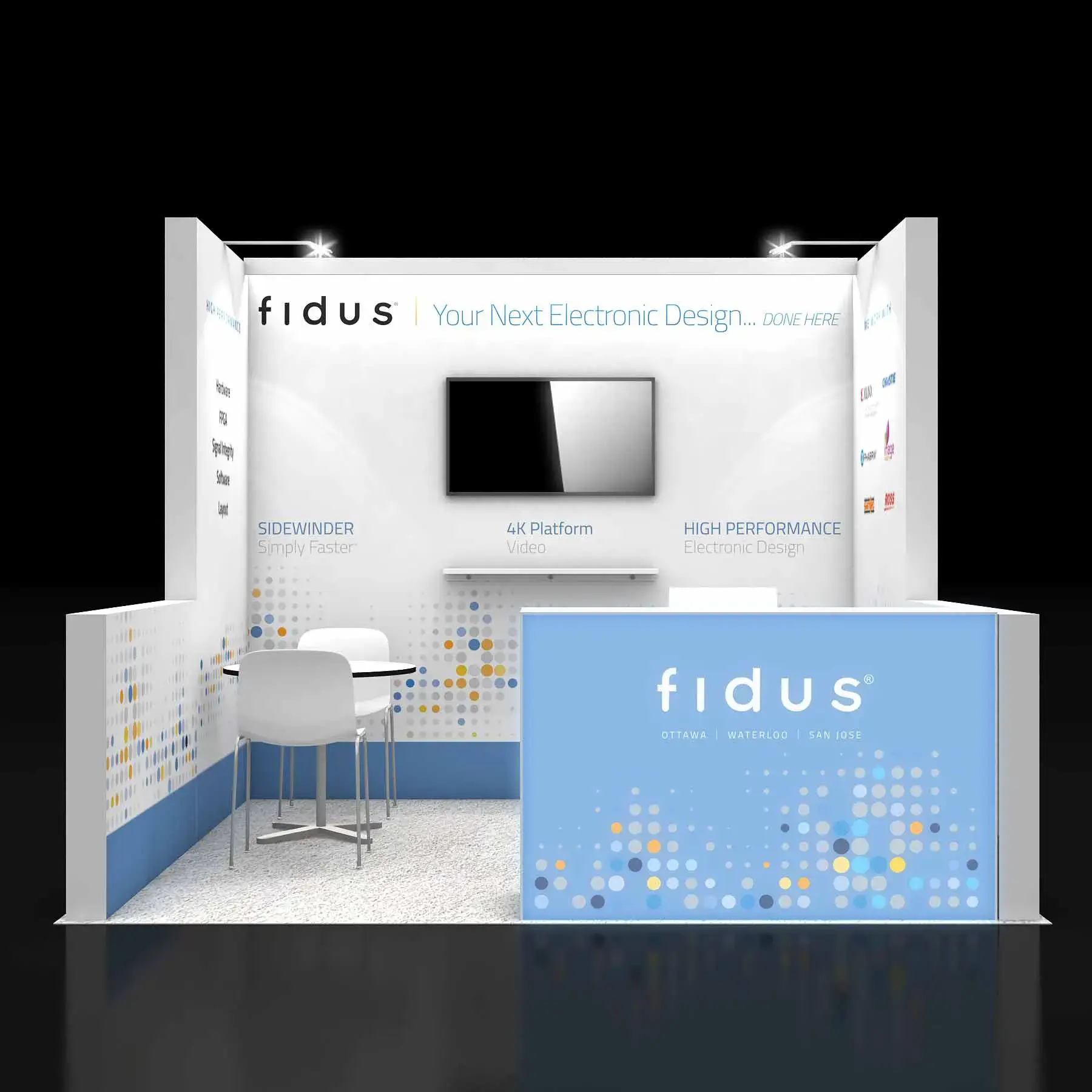 Front View – RLU1010 01: Striking 10x10 Trade Show Booth Design for Brand Visibility