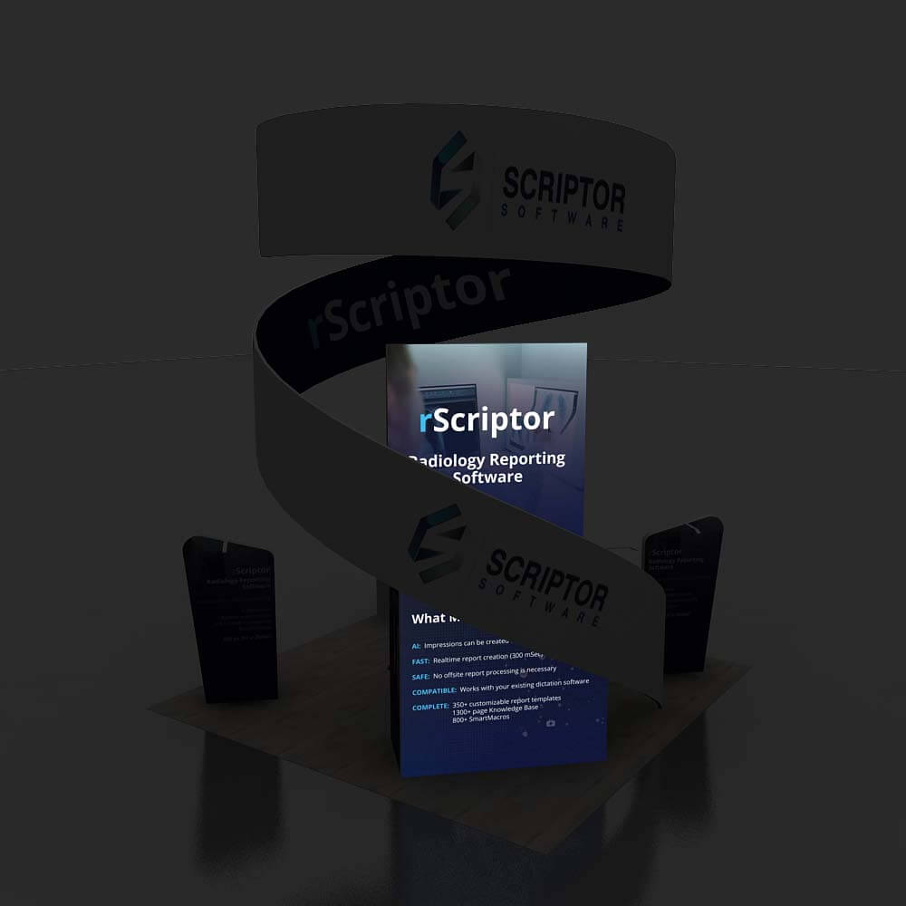 Scriptor 20x20 YRLU 2020 booth design TOP backlit view