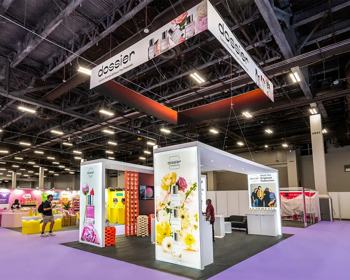 20×20 Trade Show Booth for Dossier at Cosmoprof Show, Designed and Built By Exponents in Las Vegas