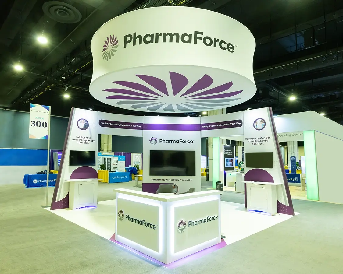 20×20 Trade Show Booth for Pharmaforce at 340B Coalition Summer Conferences Show, Designed and Built by Exponents in National Harbor