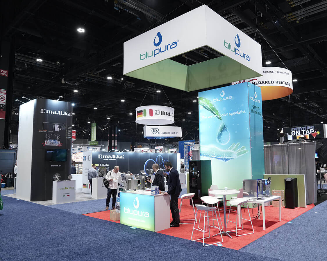 20x20 Exhibit Rental for Blupura at National Restaurant Association Show, Designed and Built by Exponents in Chicago, IL