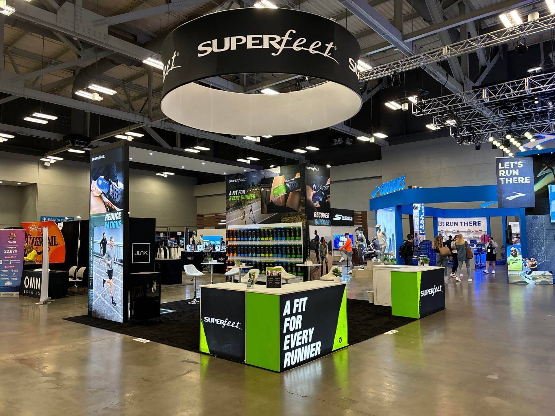 20' x 20 Trade Show Booth Rental at The Running Event for Superfeet Worldwide 2024, Designed and Built by Exponents in Austin, TX