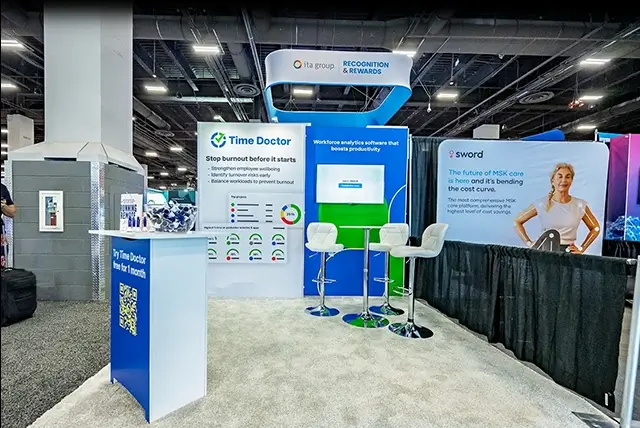 10x10 Trade Show Display for Time Doctor at HR Tech, Designed and Built by Exponents in Las Vegas