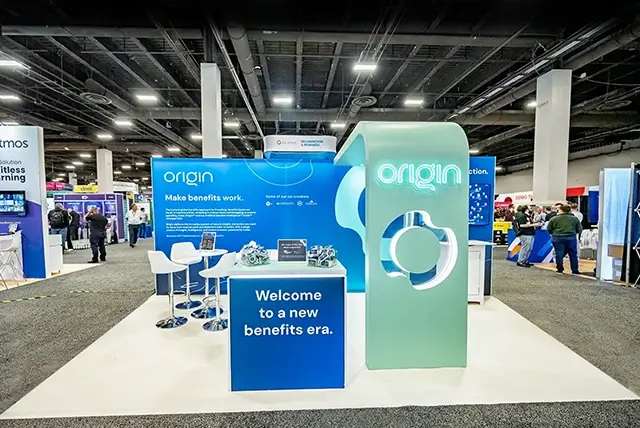 10x20 Custom Exhibit Rental for Origin Benefits at HR Tech, Designed and Built by Exponents in Las Vegas