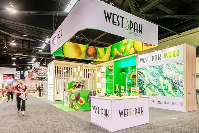 20x40 Custom Exhibit Rental for West Pak Avocado at Global Produce & Floral Show, Designed and Built by Exponents in Anaheim, CA