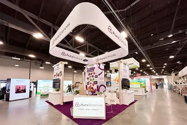 20x20 Exhibit Rental for Aura Sciences at SupplySide Global, Designed and Built by Exponents in Las Vegas, NV