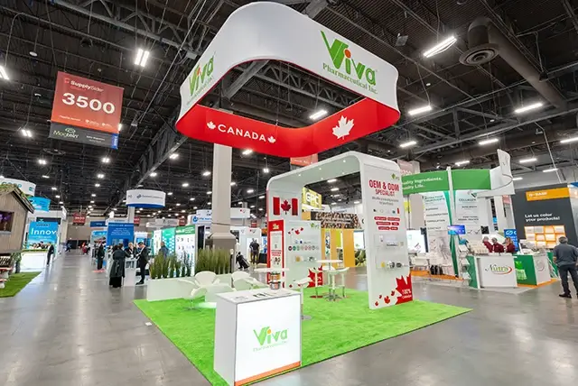 20x20 Trade Show Exhibit Rental for Viva Pharmaceutical INC at SupplySide Global, Designed and Built by Exponents in Las Vegas, NV