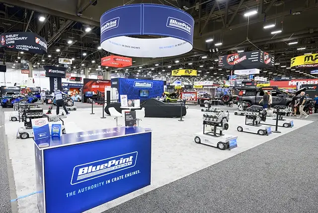 50x50 Exhibit Rental for Blueprint at SEMA, Designed and Built by Exponents in Las Vegas, NV
