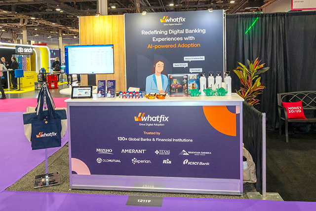 10x10 Trade Show Display for WhatFix at Money 20/20, Designed and Built by Exponents in Las Vegas