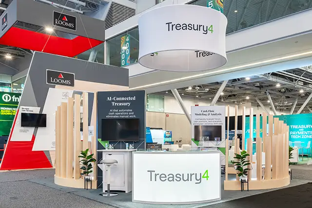 20x20 Trade Show Exhibit Rental for Treasury4 at AFP, Designed and Built by Exponents in Boston, MA