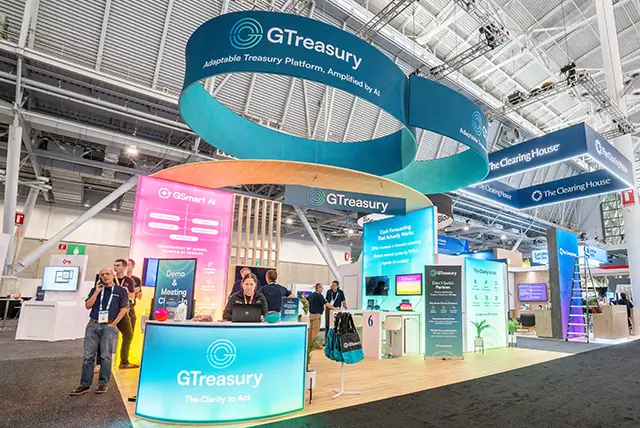 20x30 Custom Booth Rental for GTreasury at AFP, Designed and Built by Exponents in Boston, MA