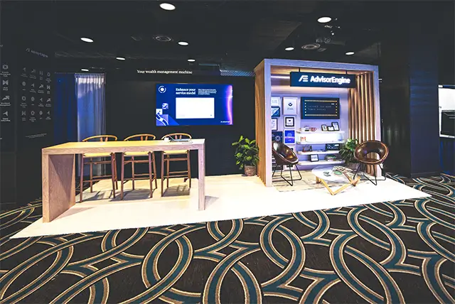 08x20 Trade Show Display Rental for Advisor Engine-1 at T3 Advisor conference, Designed and Built by Exponents in New Orleans, LA