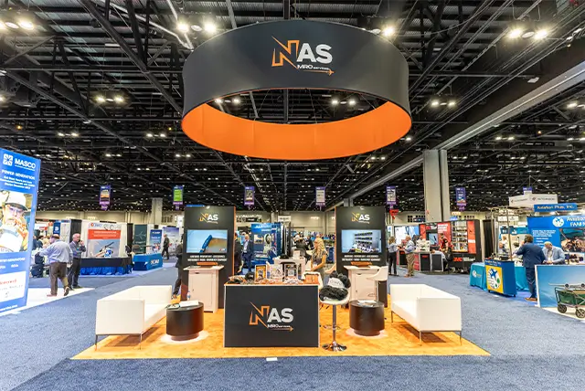 20x20 Trade Show Exhibit Rental for NAS at MRO Americas, Designed and Built by Exponents in Orlando, FL