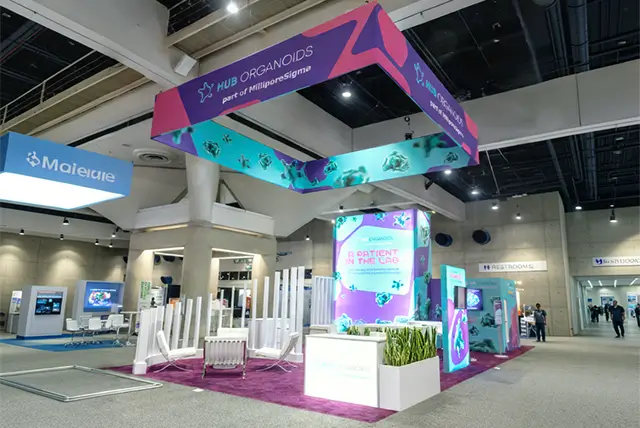 20x40 Custom Exhibit Rental for Hub Organoids at AACR Annual Meeting, Designed and Built by Exponents in San Diego